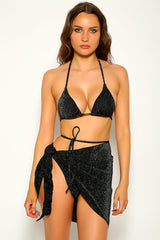 Black Halter Strappy Three Piece Swimsuit Areous