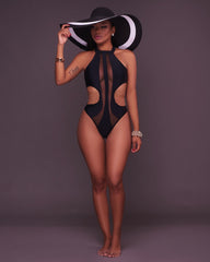 Black Halterneck Sheer Mesh Insert Monokini 25703-1 Areous