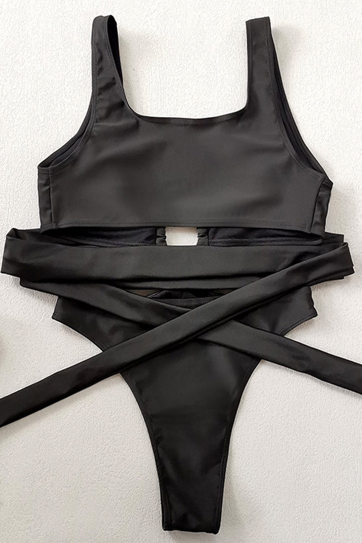 Black Hollow Out Metal Ring Accent Monokini Areous