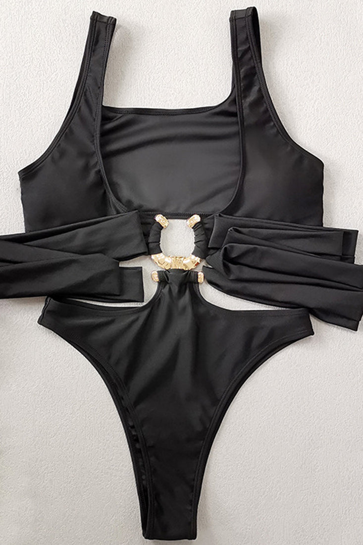 Black Hollow Out Metal Ring Accent Monokini Areous