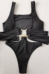 Black Hollow Out Metal Ring Accent Monokini Areous
