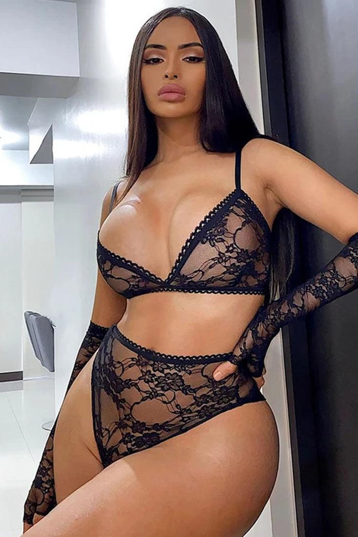 Black Lace Arm Sleeves High Waist 3 Pc Lingerie Set Areous