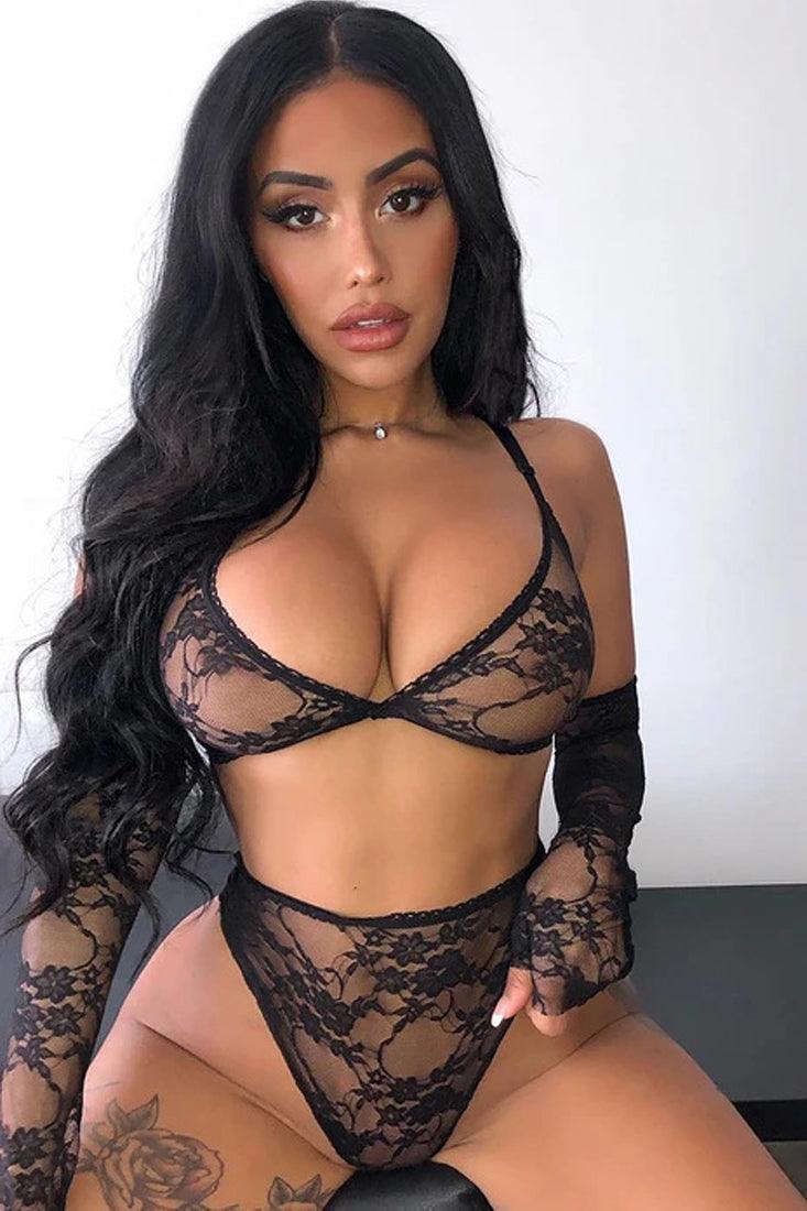 Black Lace Arm Sleeves High Waist 3 Pc Lingerie Set Areous