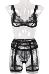 Black Lace Frayed Trim Garter 3 Pc Lingerie Set Areous