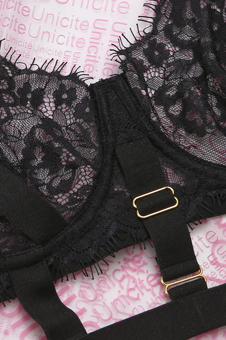 Black Lace Mesh Strappy Garter Lingerie Set Areous