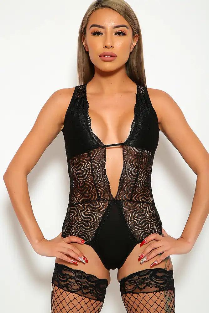 Black Lace Plunging Neck Bodysuit Imitates Areous