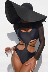 Black Long Sleeve Mesh Patchwork Hollow Out Monokini Areous