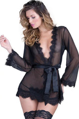 Black Long Sleeve See Through Frayed Trim Lingerie Robe 3 Pc Set Areous
