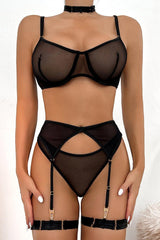 Black Mesh Choker Garter Cheeky 6 Pc Lingerie Set Areous