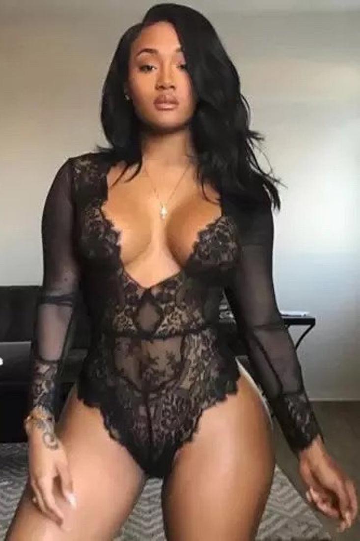 Black Mesh Eyelash Lace Teddy Lingerie Areous