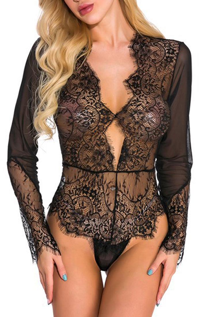 Black Mesh Eyelash Lace Teddy Lingerie Areous