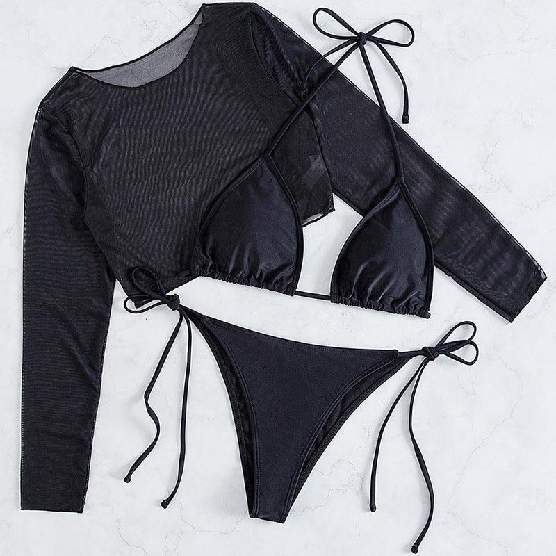 Black Mesh Long Sleeve Three Piece Swimsuit Areous