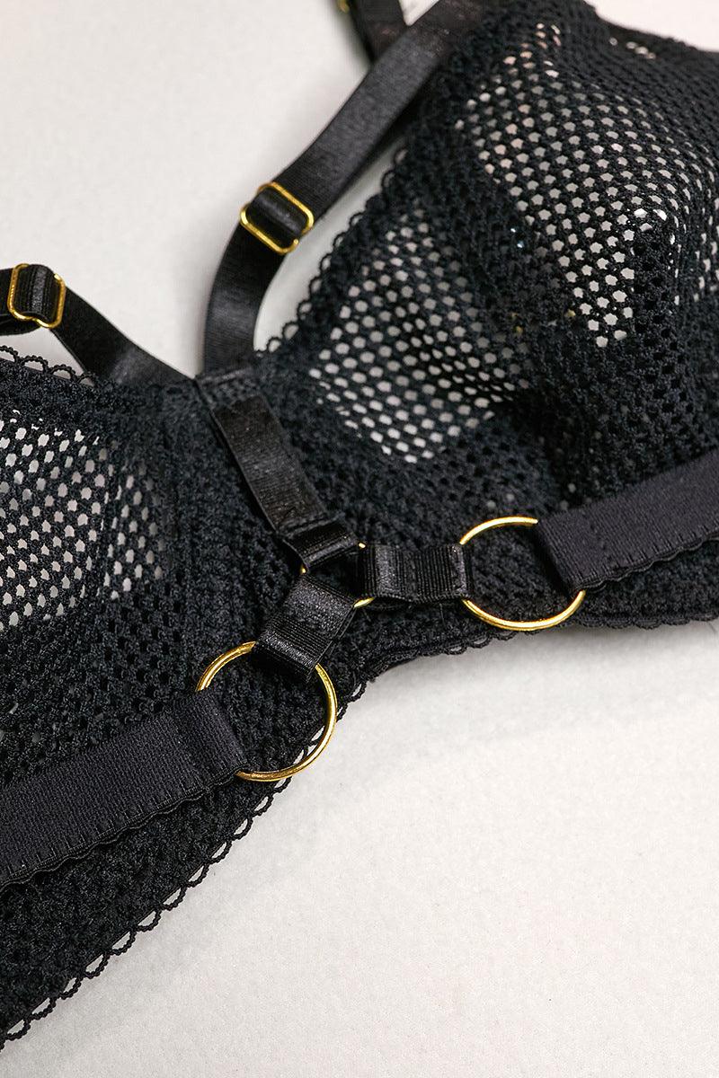 Black Mesh Netted Cut Out Garter Lingerie Set Areous