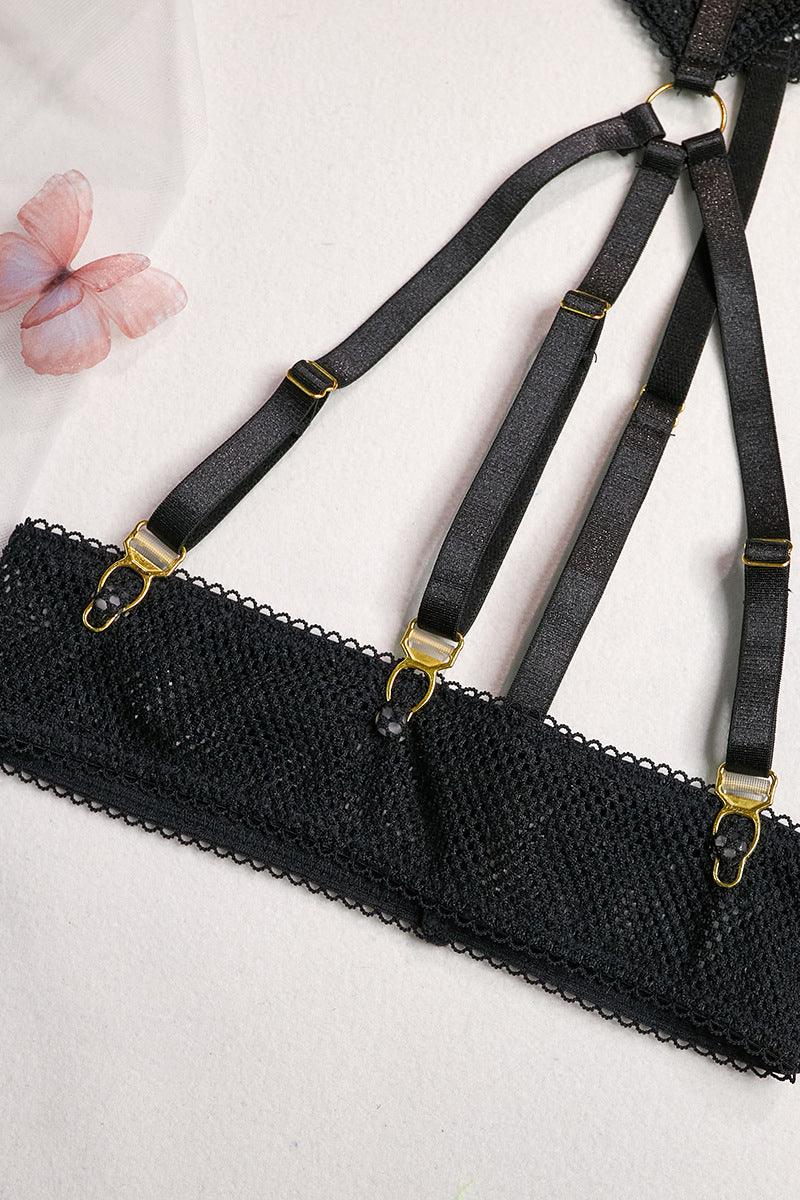 Black Mesh Netted Cut Out Garter Lingerie Set Areous