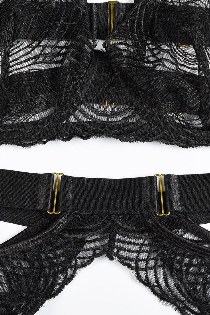 Black Mesh Open Back Strappy 5 Pc Lingerie Set Areous