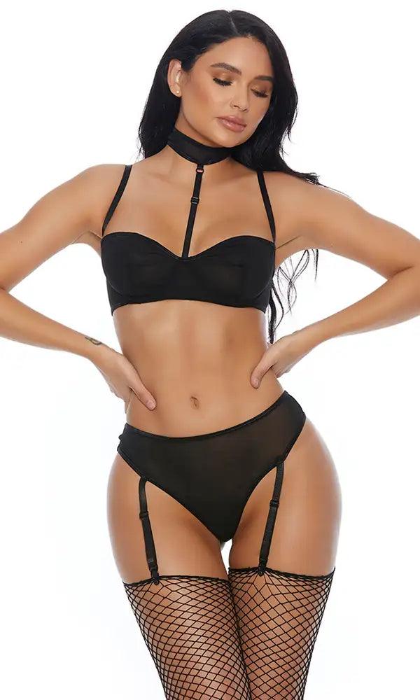 Black Mesh Strappy Two Piece Intimate Set Areous