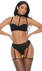 Black Mesh Strappy Two Piece Intimate Set Areous