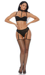 Black Mesh Strappy Two Piece Intimate Set Areous