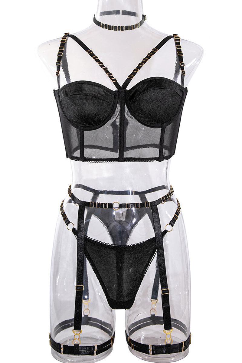 Black Mesh Underwire Corset Bra 6 Pc Lingerie Set Areous