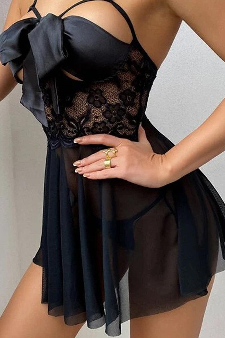 Black Mesh Unwrap Me Bow Tie Slip Lingerie Dress Set With Thong Areous