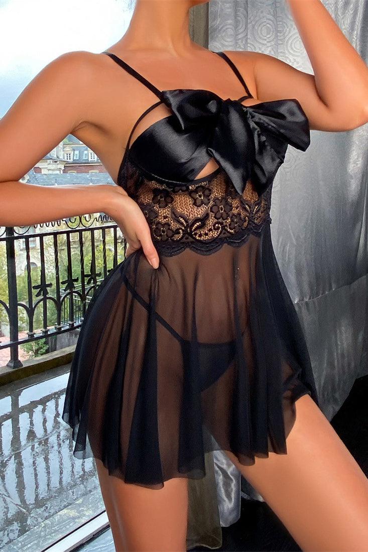 Black Mesh Unwrap Me Bow Tie Slip Lingerie Dress Set With Thong Areous