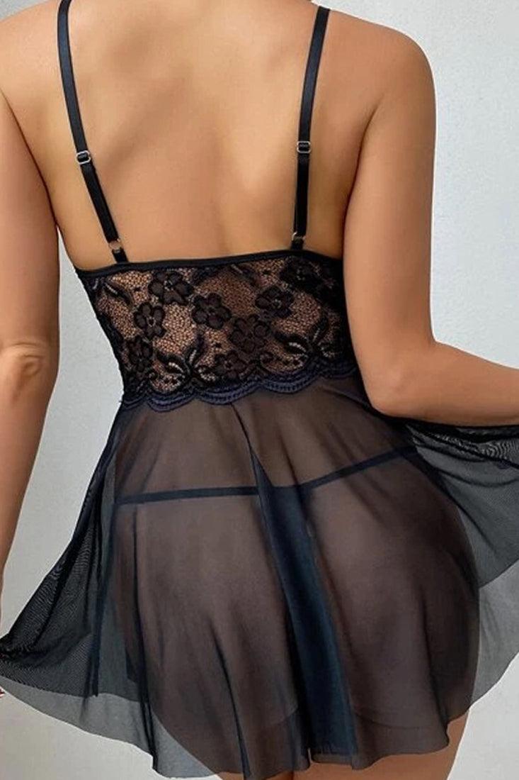 Black Mesh Unwrap Me Bow Tie Slip Lingerie Dress Set With Thong Areous
