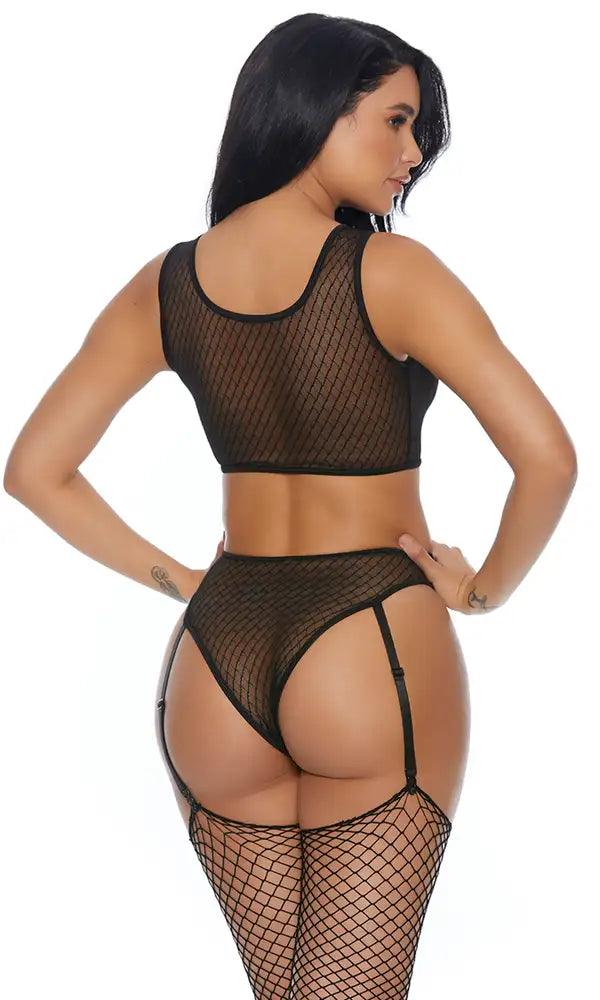 Black Mesh Zipper Two Piece Intimate Set Areous