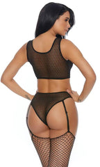 Black Mesh Zipper Two Piece Intimate Set Areous
