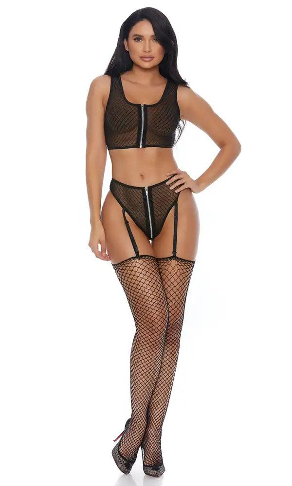 Black Mesh Zipper Two Piece Intimate Set Areous