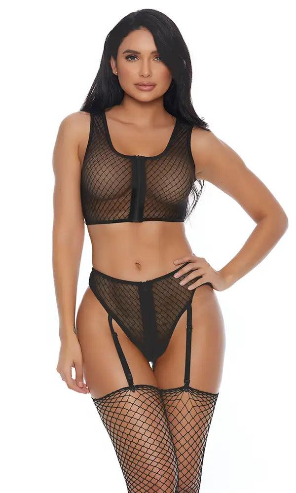 Black Mesh Zipper Two Piece Intimate Set Areous