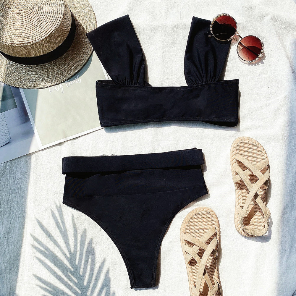 Black Metal Two Piece High Waist Swimwear Areous