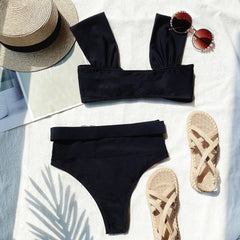 Black Metal Two Piece High Waist Swimwear Areous