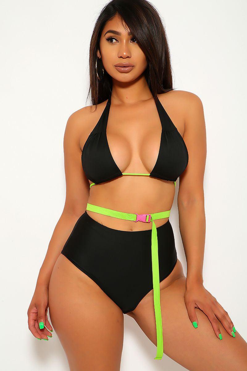 Black Neon Pink Belted Two Piece Swimsuit Areous