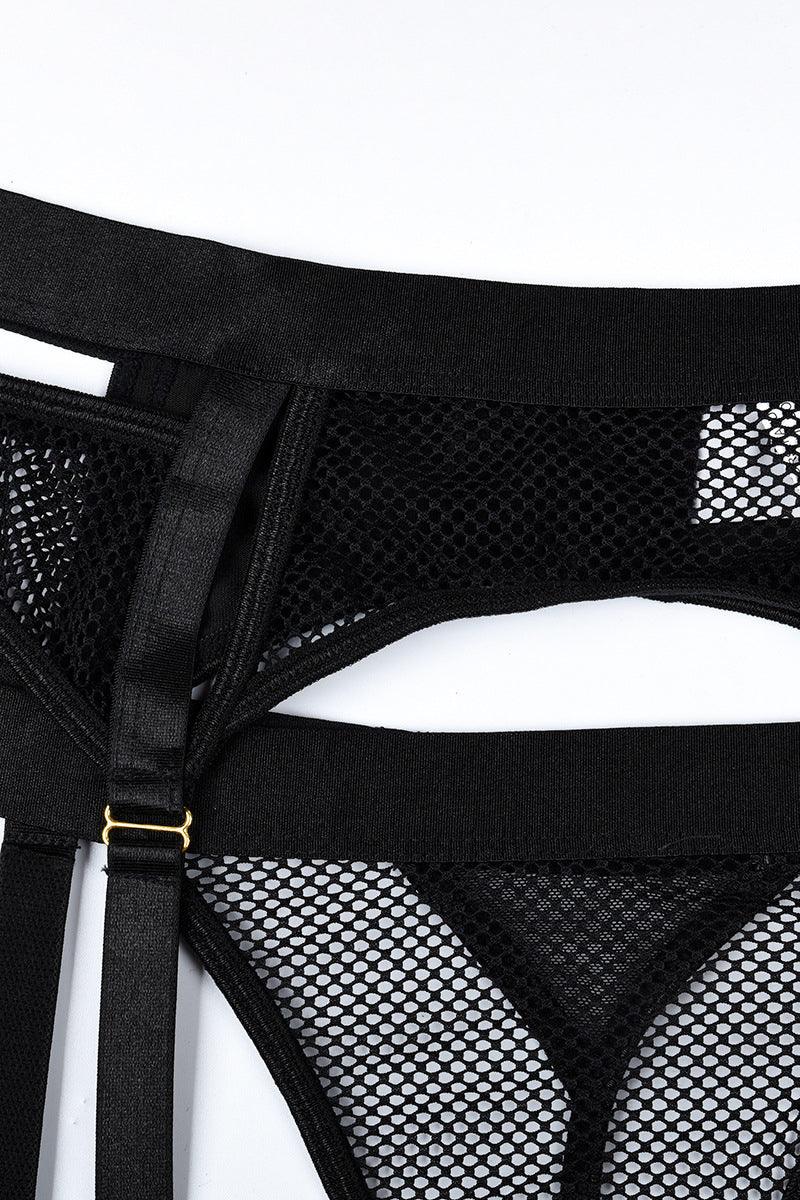 Black Netted Mesh Cut Out Lingerie 3 Pc Set Areous