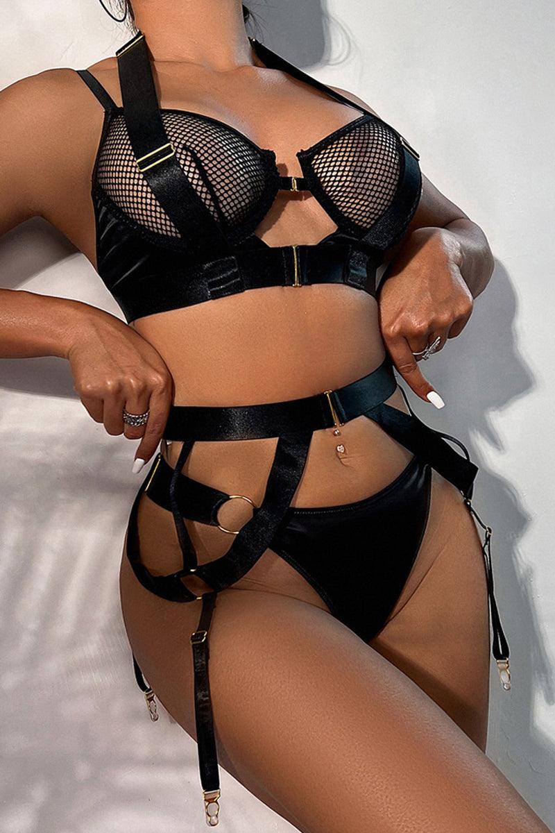Black Netted Strappy Halter Cheeky Lingerie Set Areous