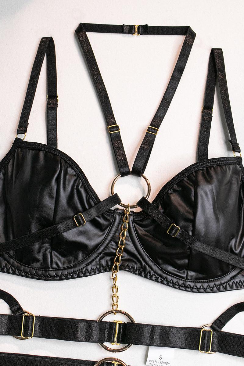 Black O-Ring Chain Detail Garter Underwire V-String Lingerie 6 Pc Set Areous
