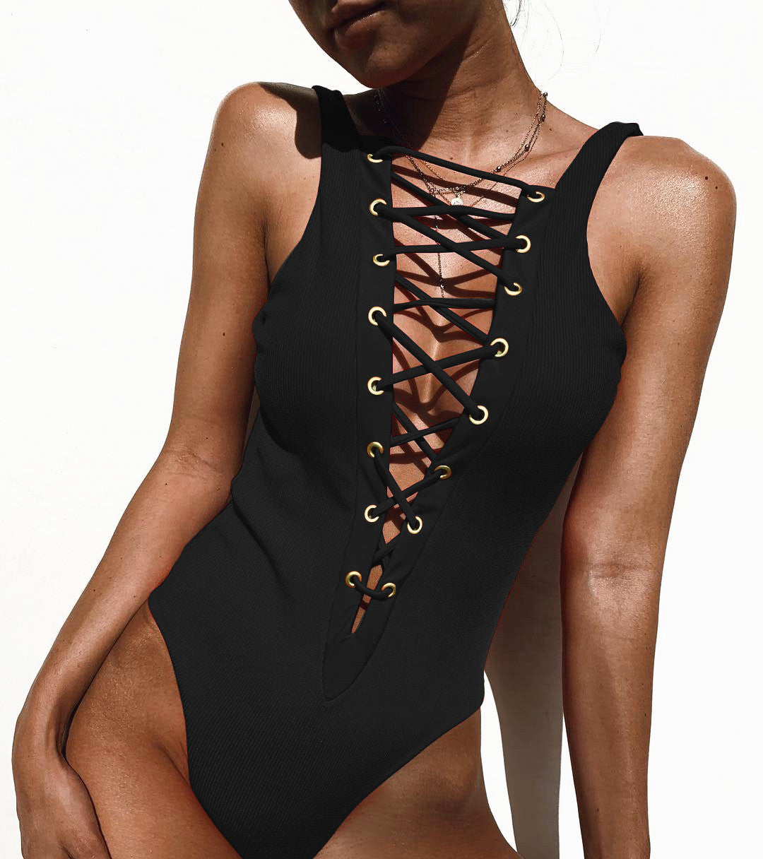 Black One-Piece Lace-Up Sleeveless Swimsuit Areous