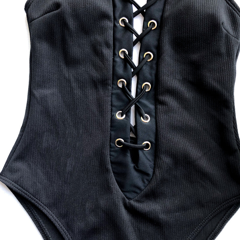 Black One-Piece Lace-Up Sleeveless Swimsuit Areous