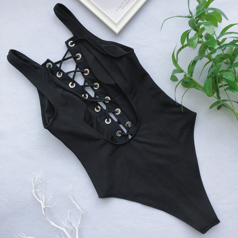 Black One-Piece Lace-Up Sleeveless Swimsuit Areous