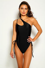 Black One Shoulder Double Strap One Piece Swimsuit Areous