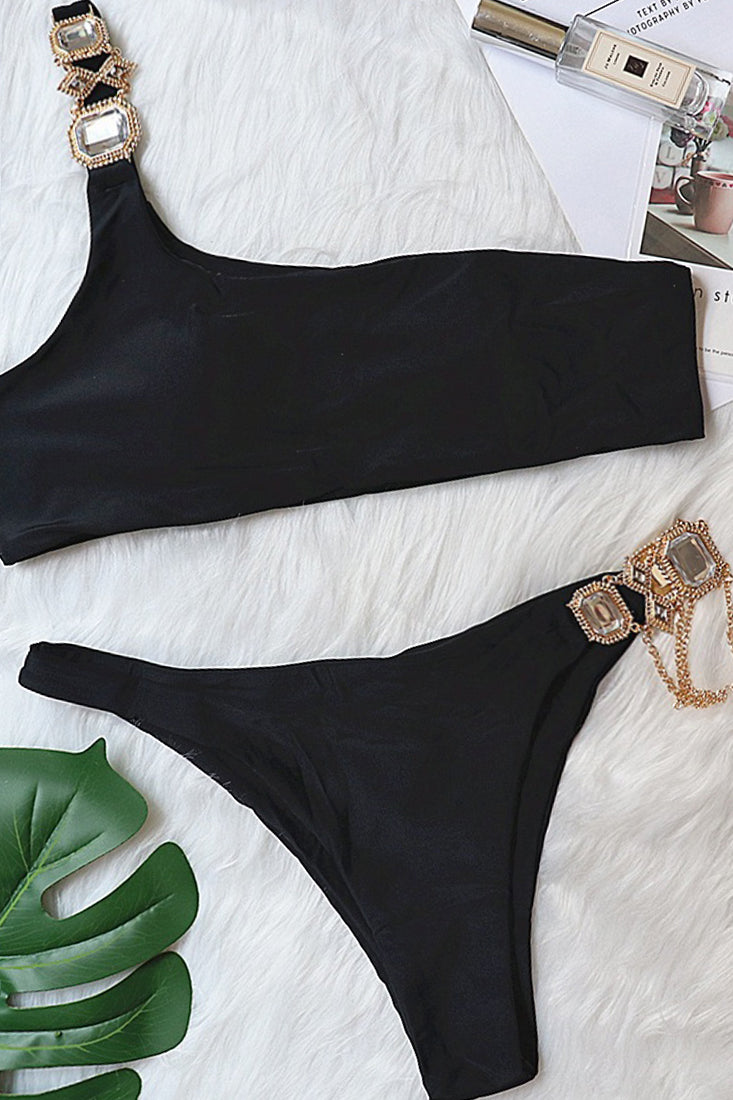 Black One Shoulder Rhinestone Chain Linked 2 Pc Swimsuit Areous
