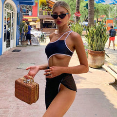 Black One Shoulder white Trim Cut Out Mesh Cover Up Two Piece Swimsuit Areous