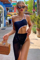 Black One Shoulder white Trim Cut Out Mesh Cover Up Two Piece Swimsuit Areous