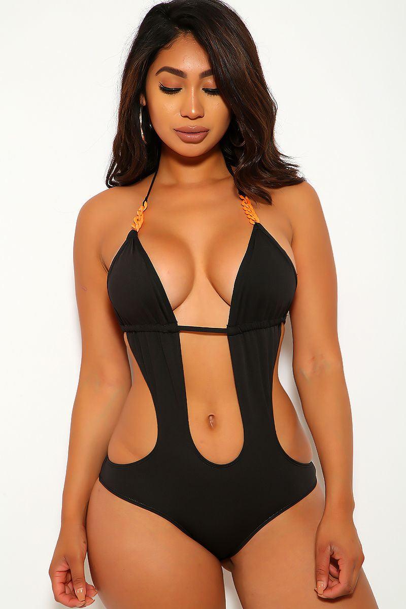 Black Orange Chain Halter Monokini Areous