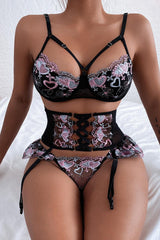 Black Pink Hearts Embroidery Mesh Garter Underwire Lingerie Set Areous