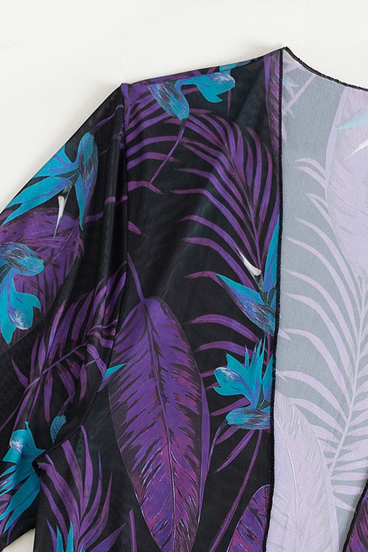Black Purple Tropical Print Two Piece Monokini Swim & Cover-up Set Areous