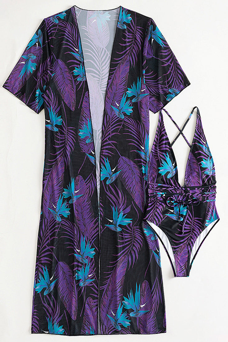 Black Purple Tropical Print Two Piece Monokini Swim & Cover-up Set Areous