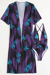 Black Purple Tropical Print Two Piece Monokini Swim & Cover-up Set Areous