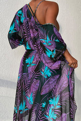 Black Purple Tropical Print Two Piece Monokini Swim & Cover-up Set Areous