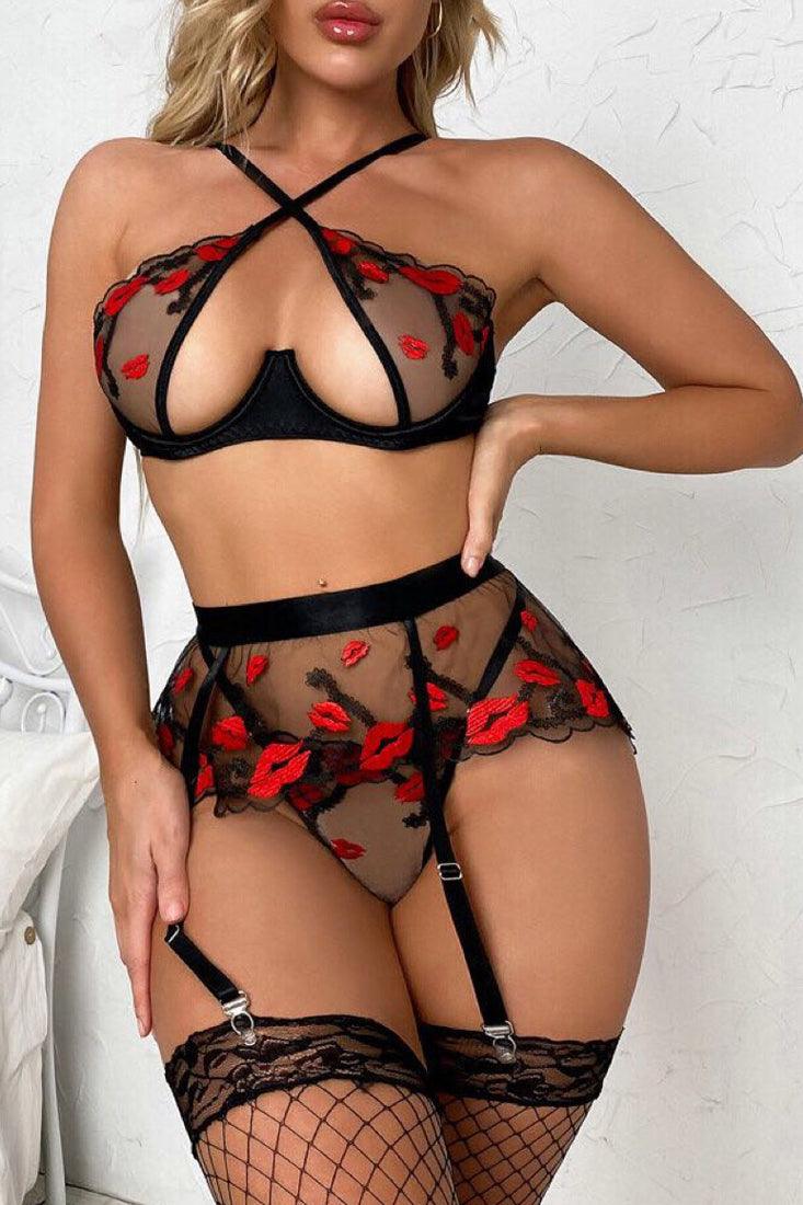 Black Red Lips Criss-Cross Mesh Lingerie 3 Pc Set Areous